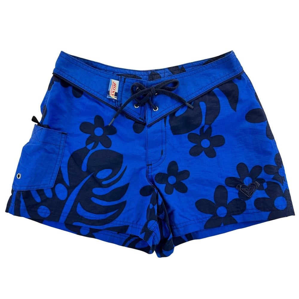 Vintage Roxy Quiksilver Blue Floral Board Shorts Juniors Size 1 Y2K Hibiscus